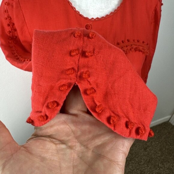 J.Crew Women's 6 Popover Blouse Orange Red 100% Linen Crochet & Fringe Detail - Picture 5 of 14